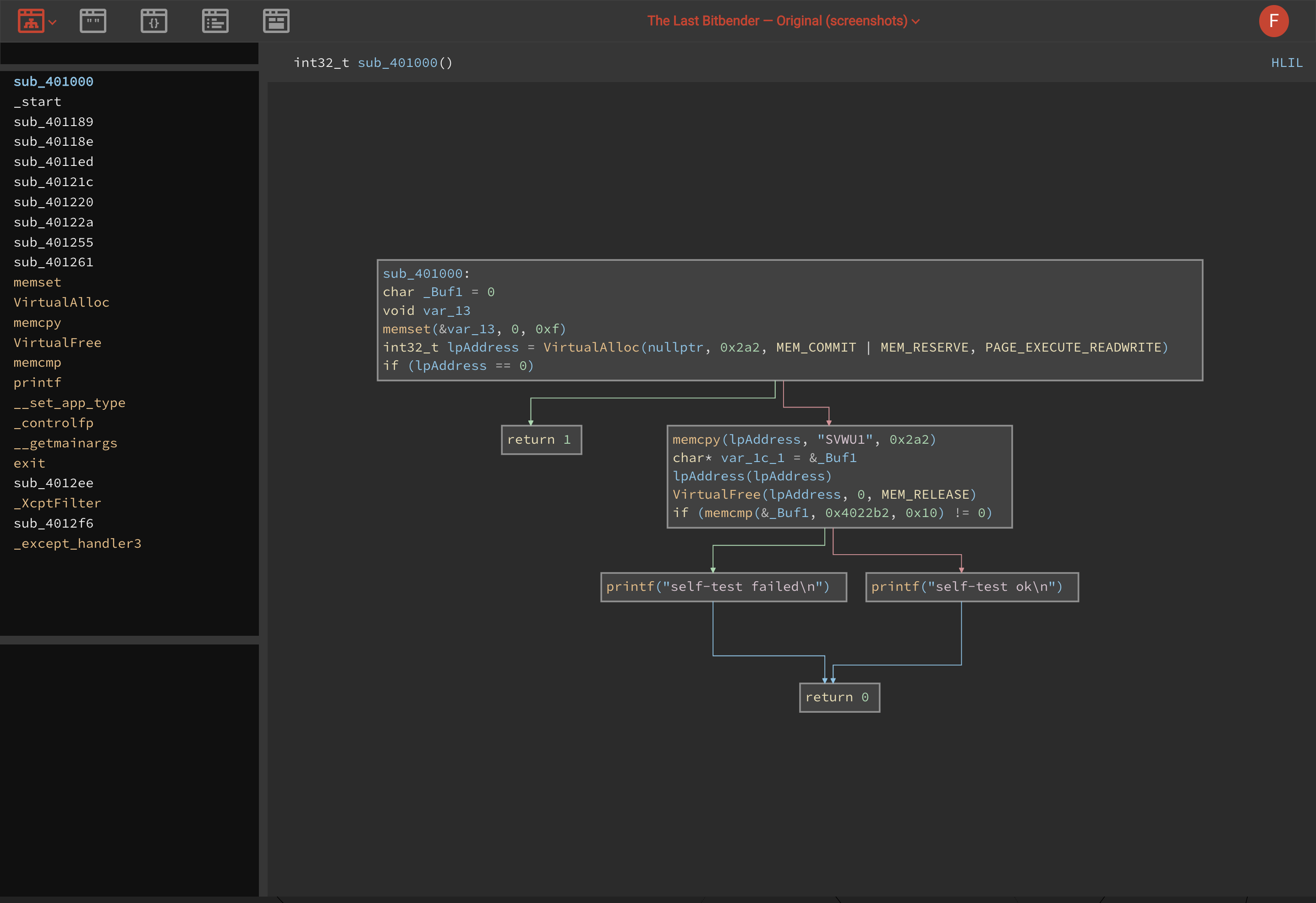 Binary Ninja HLIL graph showing the original PE wrapper allocating, copying, calling and comparing the payload