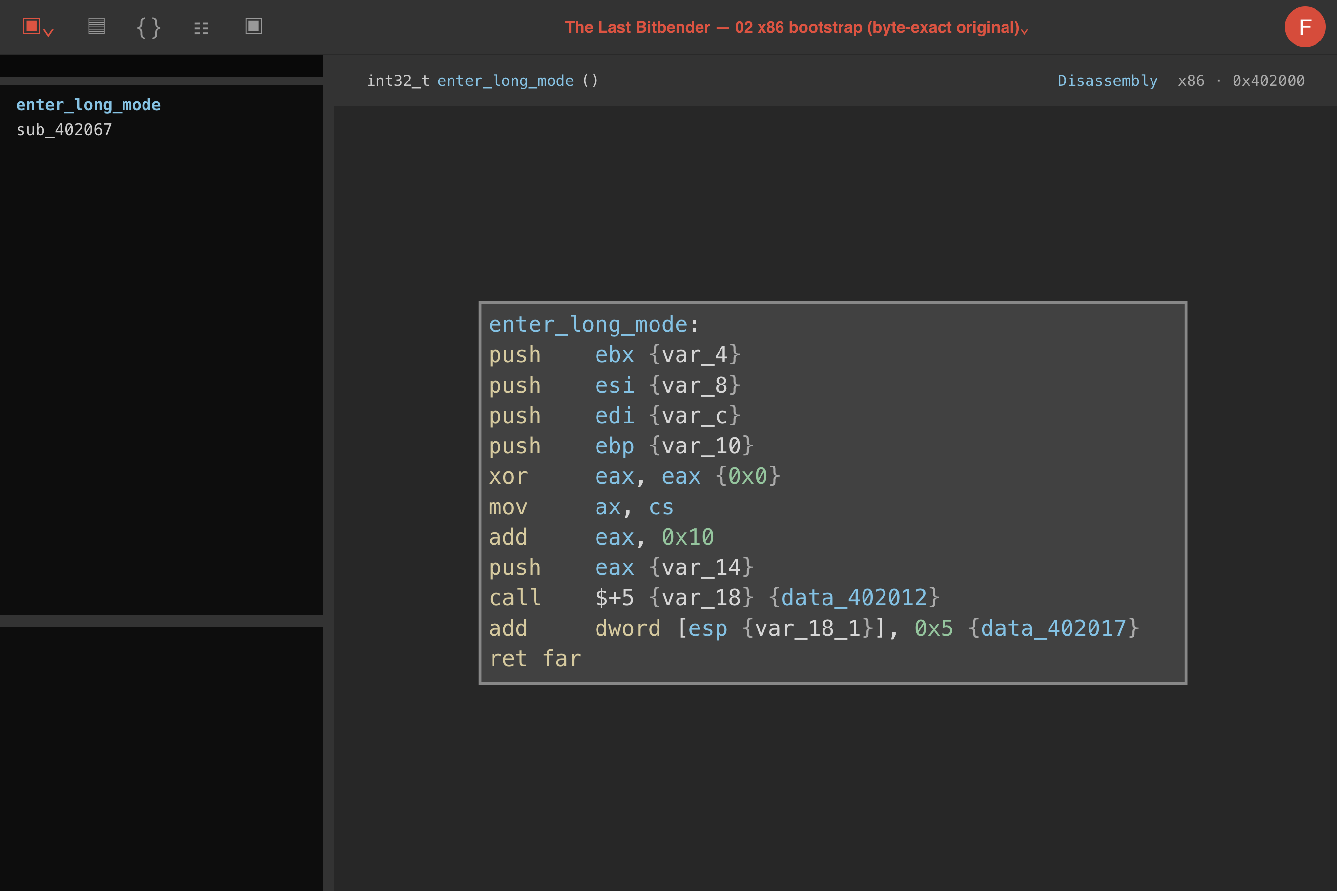 Binary Ninja x86 disassembly showing the bootstrap and far return at address 0x402016