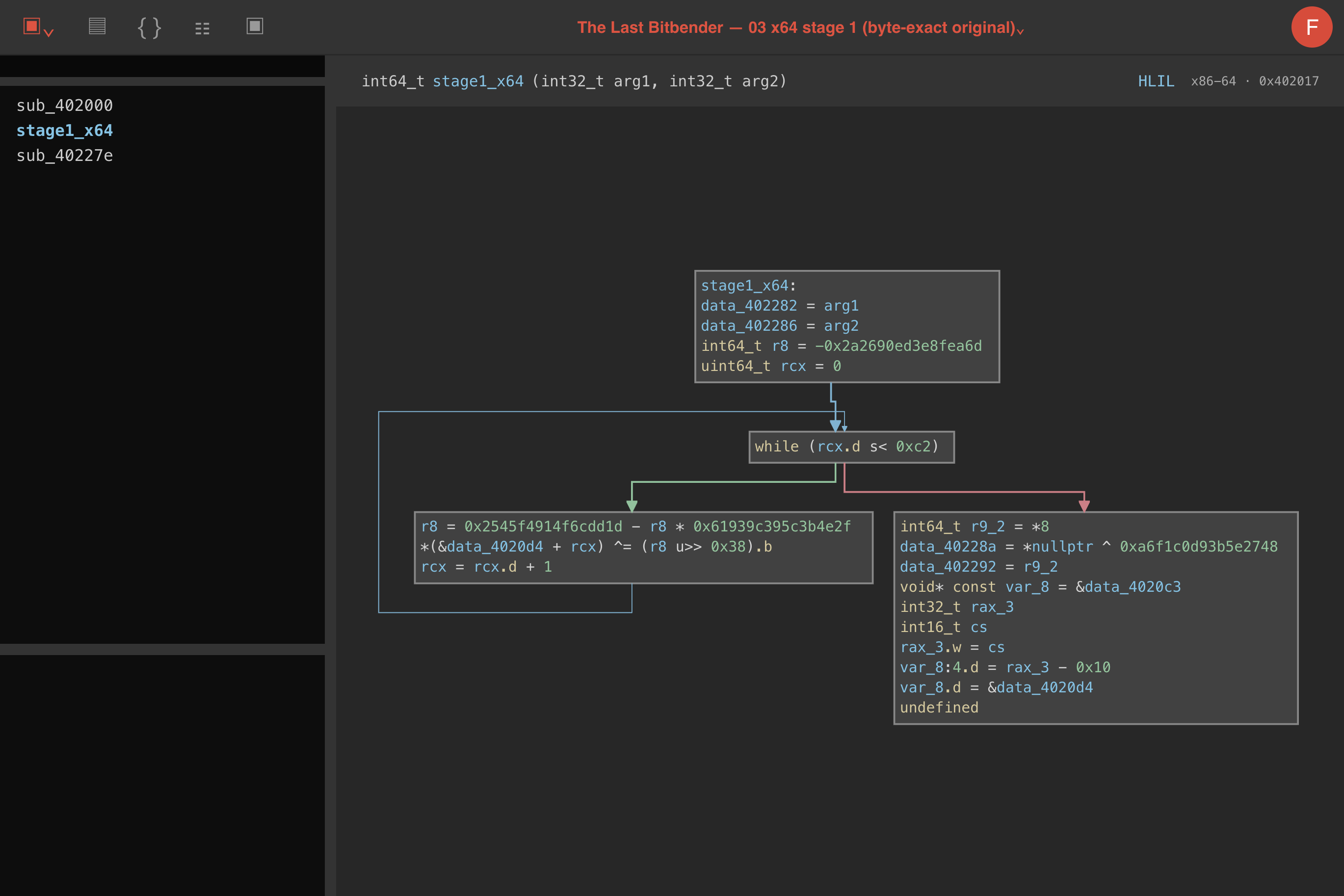 Binary Ninja HLIL showing the stage 1 decrypt loop and return from x86-64 to x86