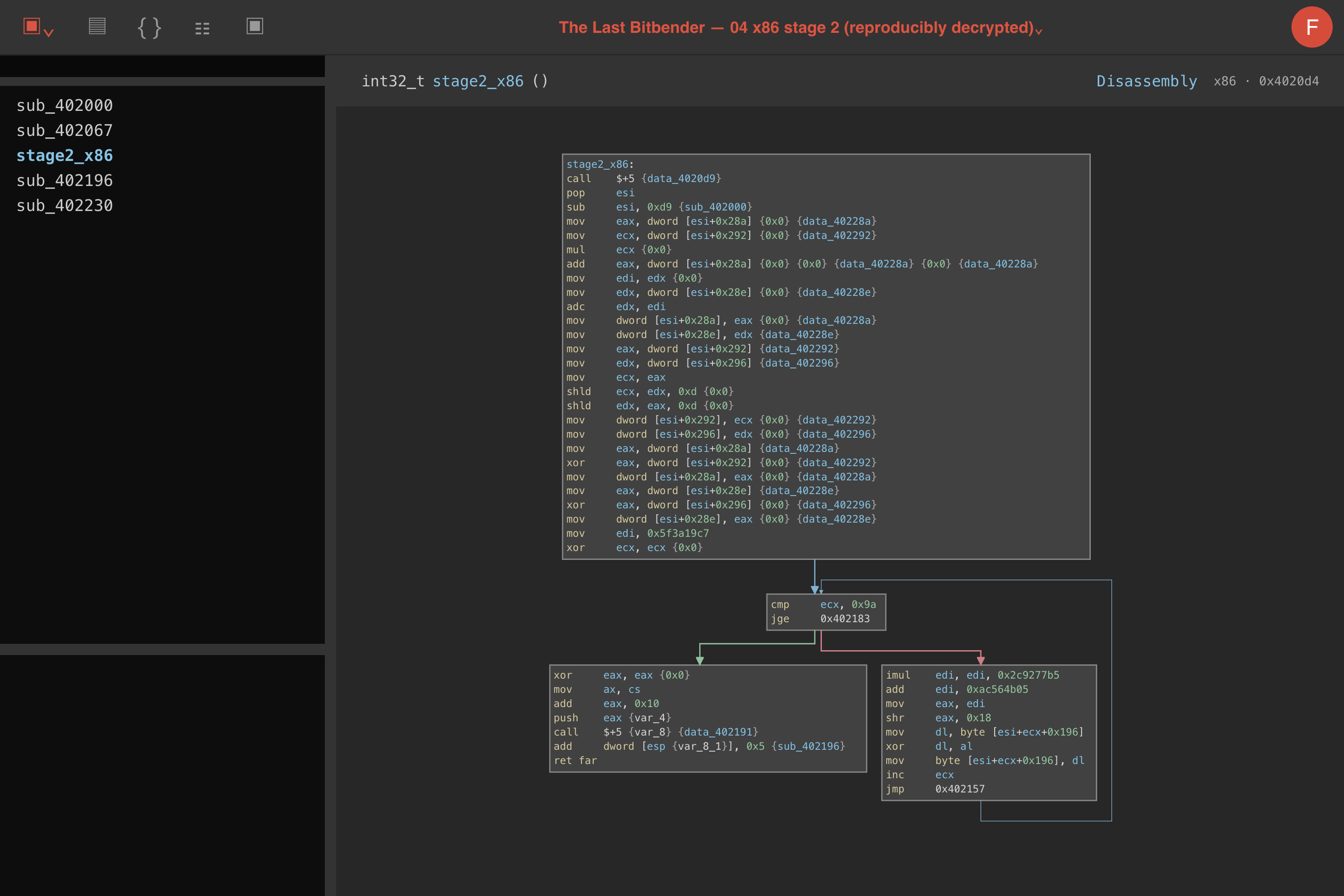 Binary Ninja x86 disassembly showing mul, add, adc, shld and the stage 3 decryptor