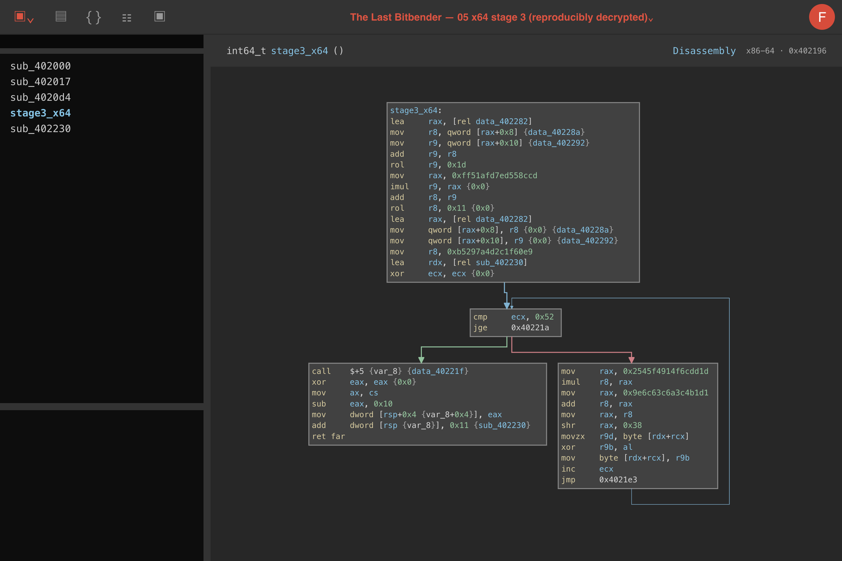 Binary Ninja x86-64 disassembly showing the mixer, final decrypt loop and return to x86