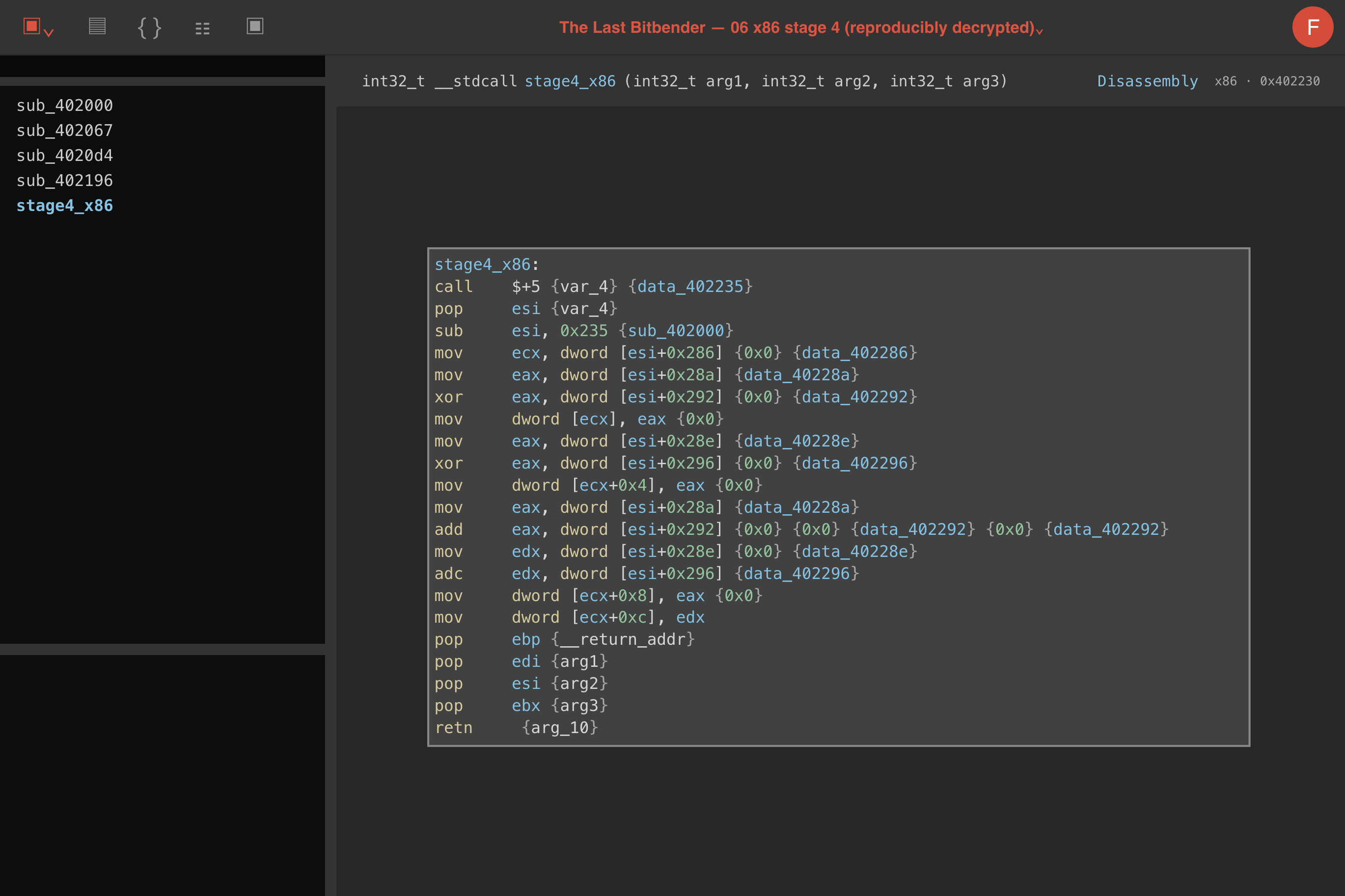 Binary Ninja x86 disassembly showing the final output stores, restored registers and return